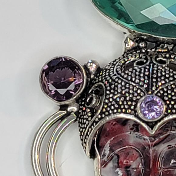 Sterling Silver Pendant with Red Carved Face, Green Gemstone, and Purple Rose - Picture 10 of 12